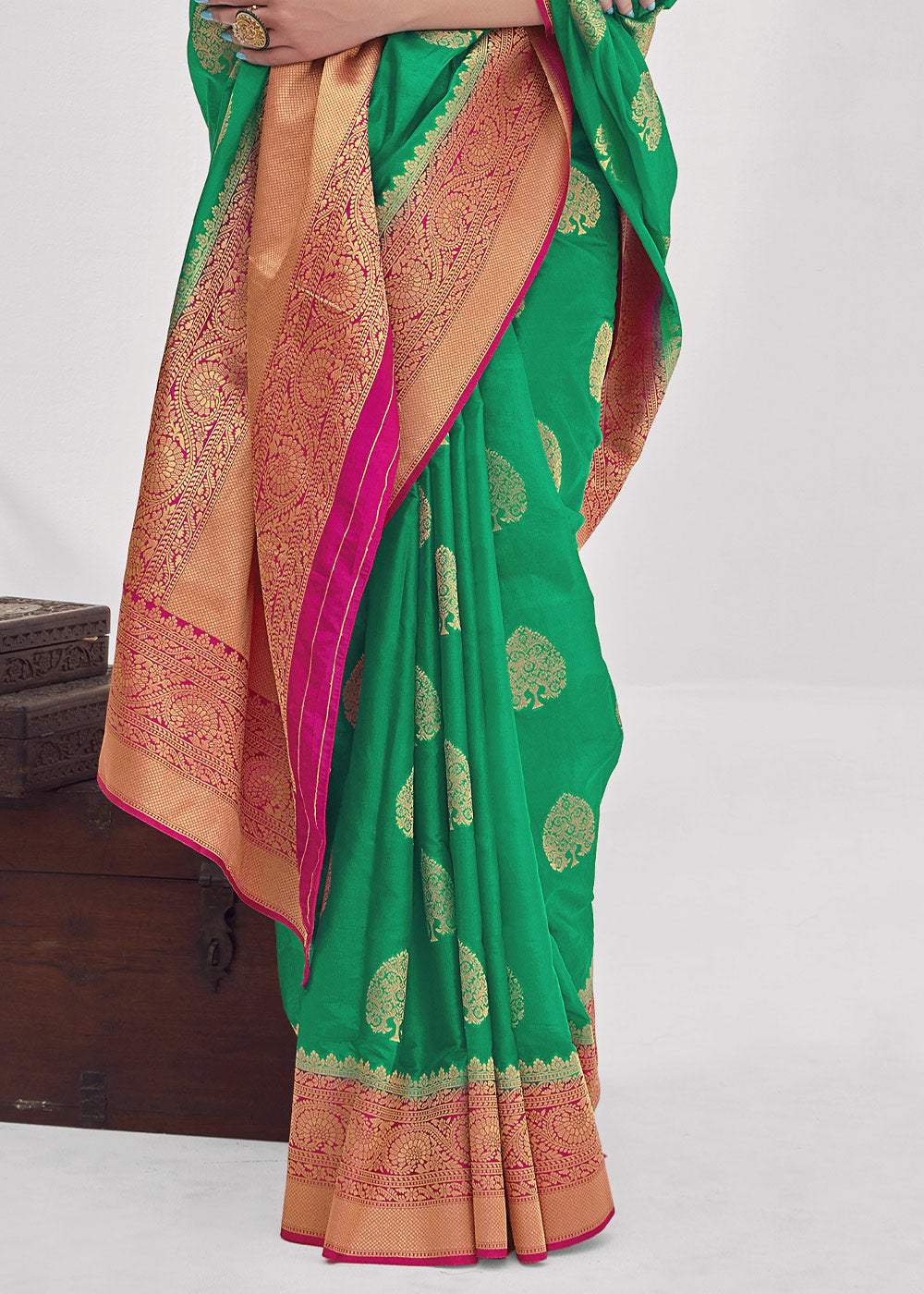 Buy MySilkLove Aqua Forest Green Zari Woven Organza Silk Saree Online