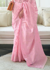 Eunry Pink Lucknowi Chikankari Woven Silk Saree