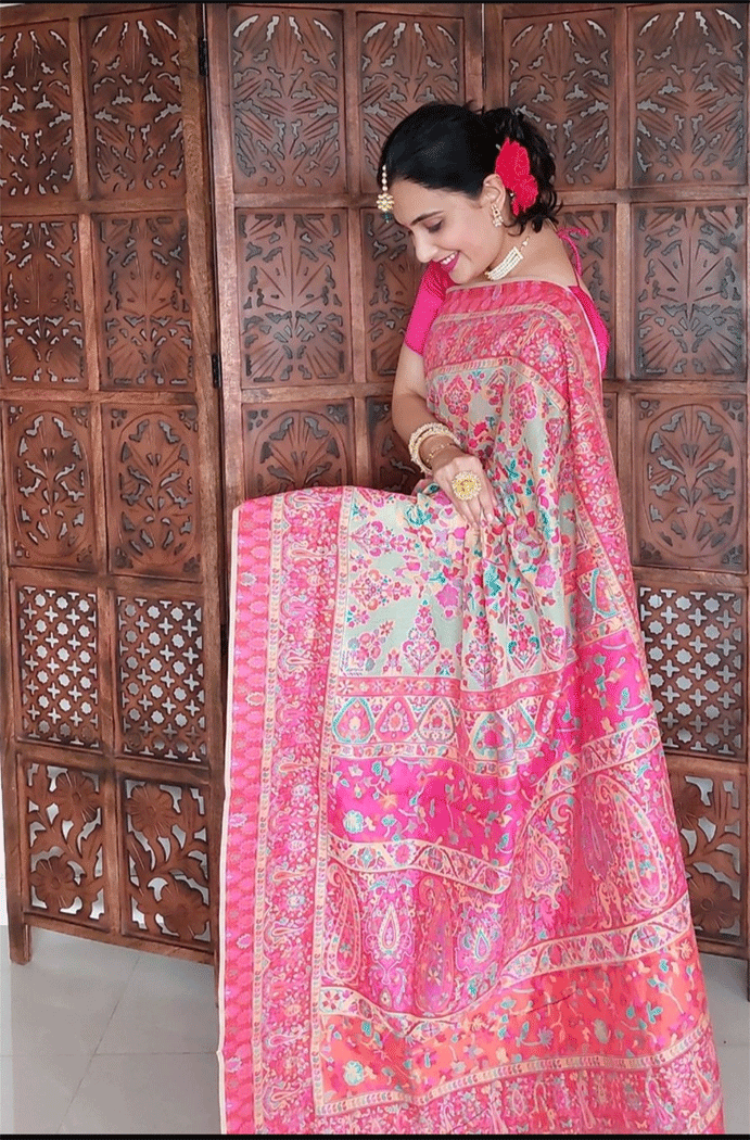 Razzmatazz Pink Banarasi Jamawar Woven Silk Saree
