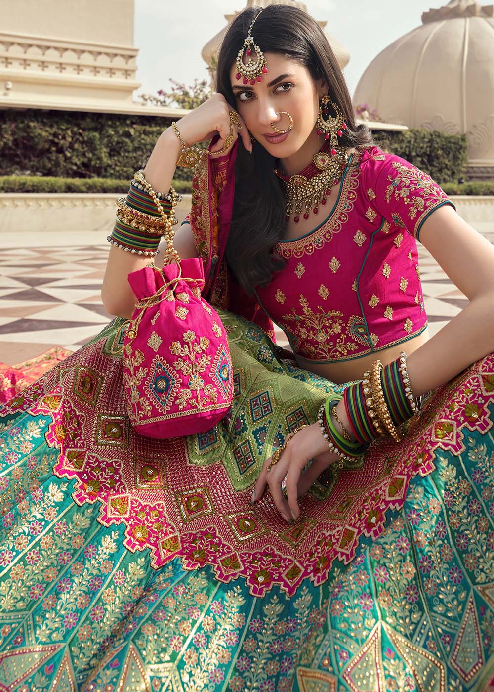 Buy MySilkLove Locust Green and Pink Banarasi Silk Lehenga Choli Online