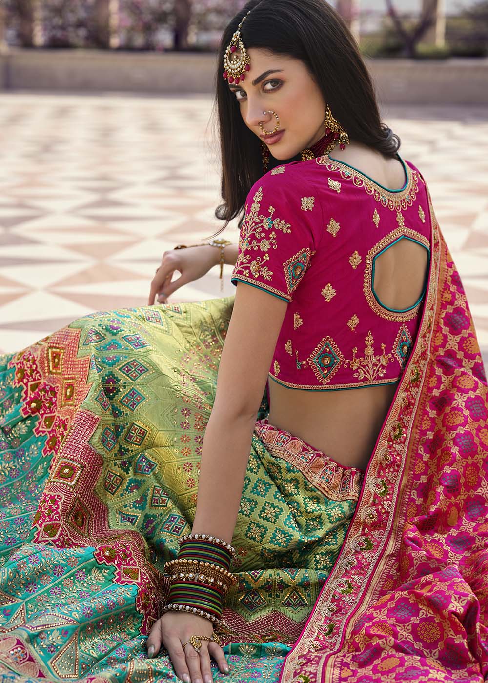 Buy MySilkLove Locust Green and Pink Banarasi Silk Lehenga Choli Online