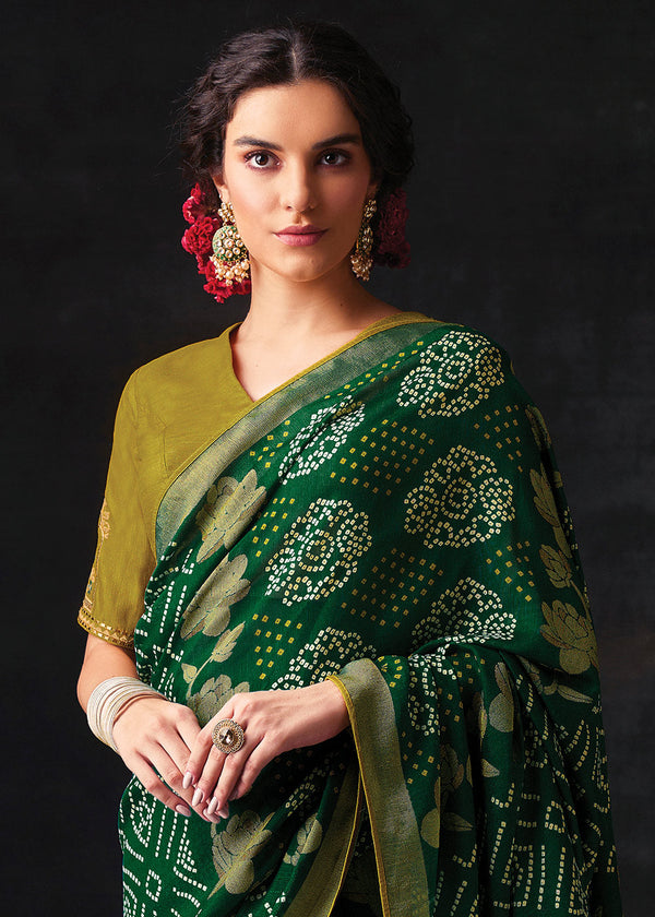 Palm Green Bandhani Print Soft Silk Saree