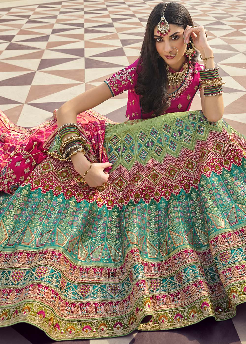 Buy MySilkLove Locust Green and Pink Banarasi Silk Lehenga Choli Online