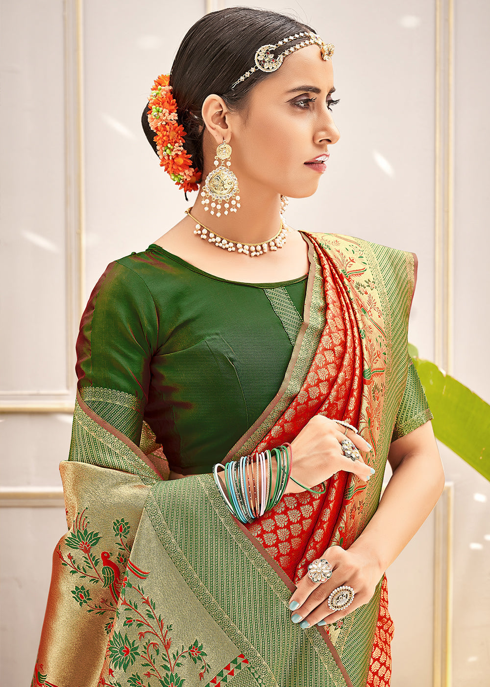 Buy MySilkLove Mojo Red and Green Zari Woven Banarasi Saree Online