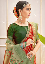 Mojo Red and Green Zari Woven Banarasi Saree