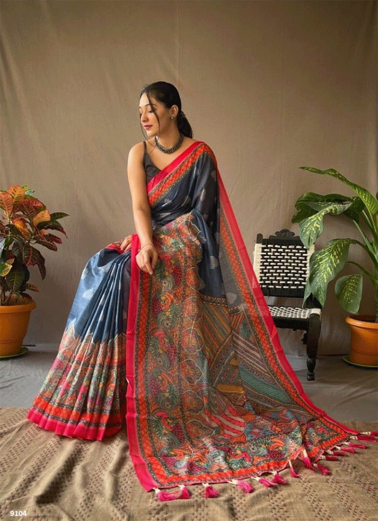 Buy MySilkLove Dark Grey and Red Kalamkari Printed Saree Online