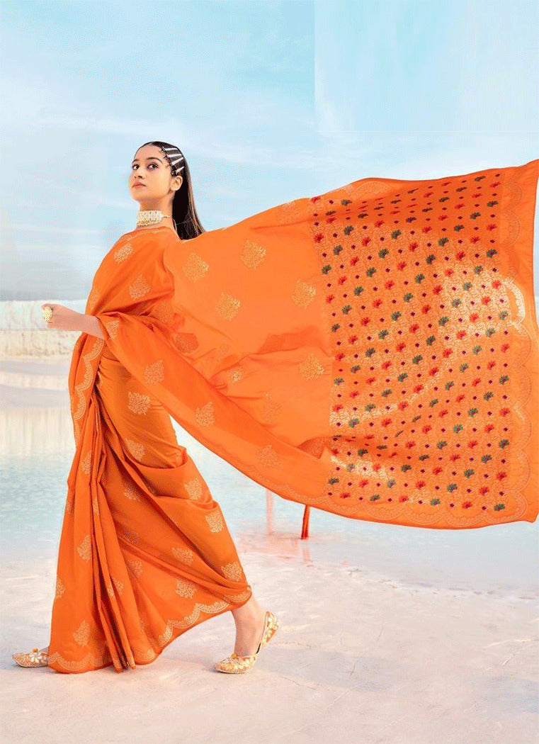 Mango Orange Zari Woven Banarasi Saree