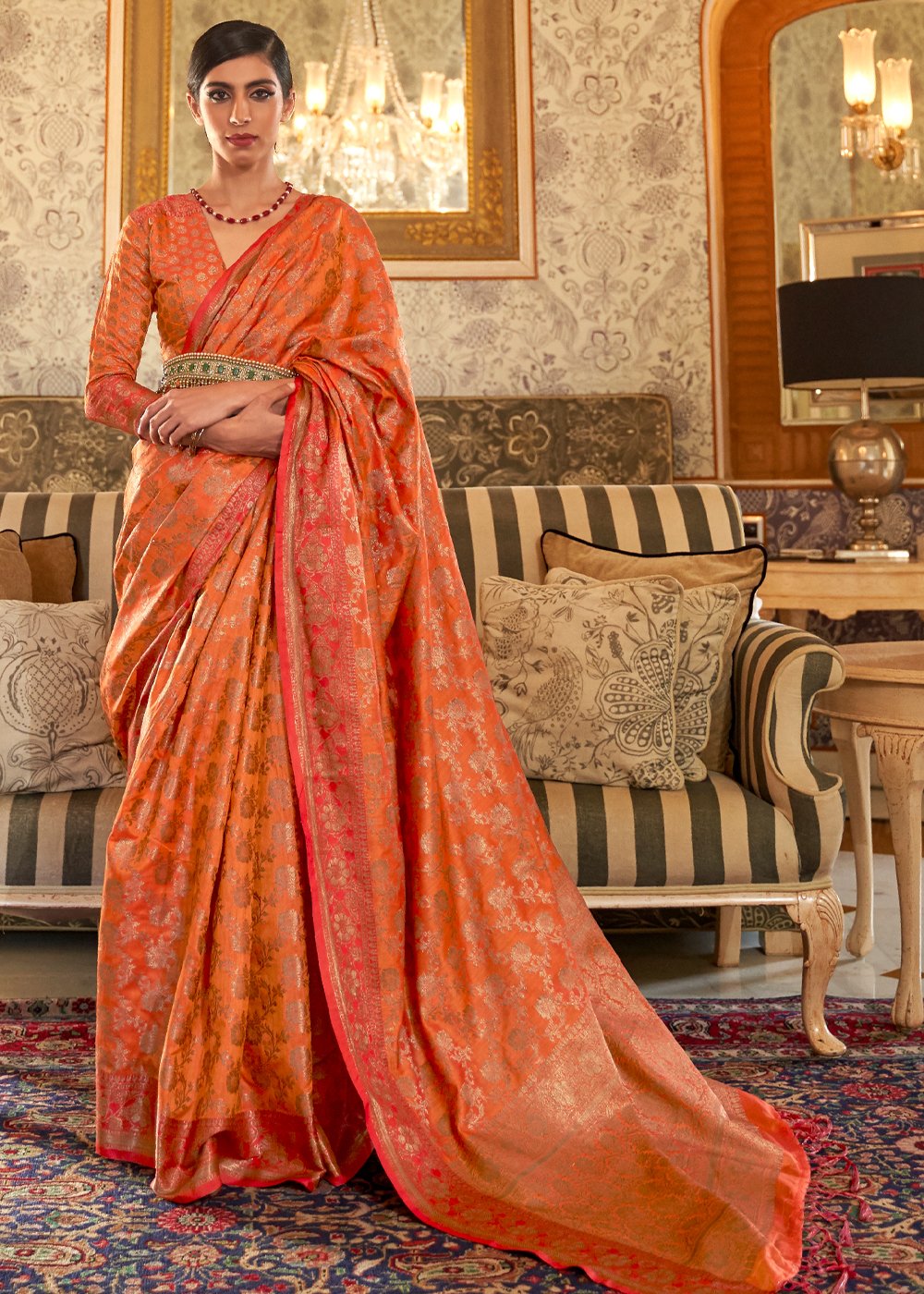 Buy MySilkLove Piper Orange Zari Woven Banarasi Saree Online