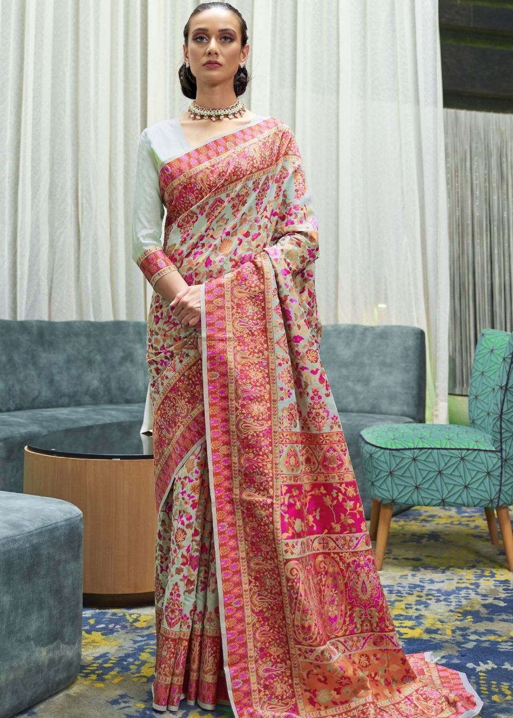 Buy MySilkLove Chestnut Rose Pink Banarasi Jamawar Woven Silk Saree Online