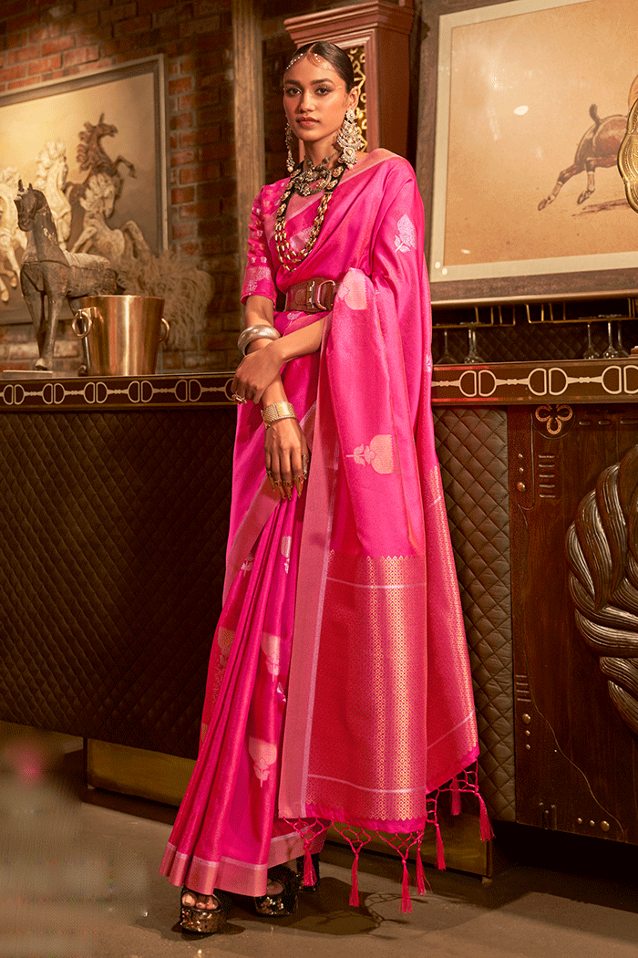 Buy MySilkLove Jasper Pink Zari Woven Banarasi Satin Silk Saree Online