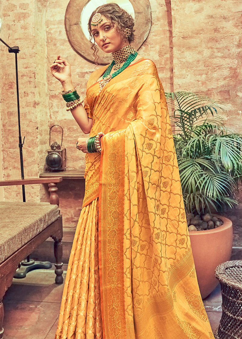 Saffron Yellow Woven Banarasi Silk Saree