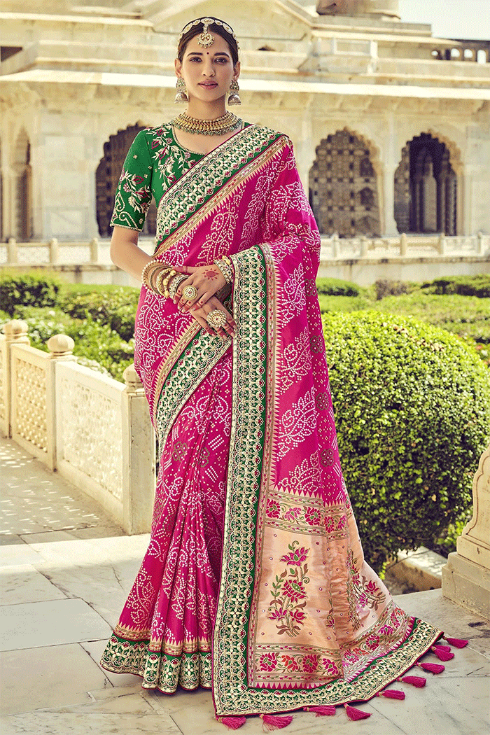 Mystic Pink and Green Zari Woven Patola Saree with Designer Blouse