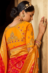 Red Damask and Yellow Zari Woven Banarasi Saree