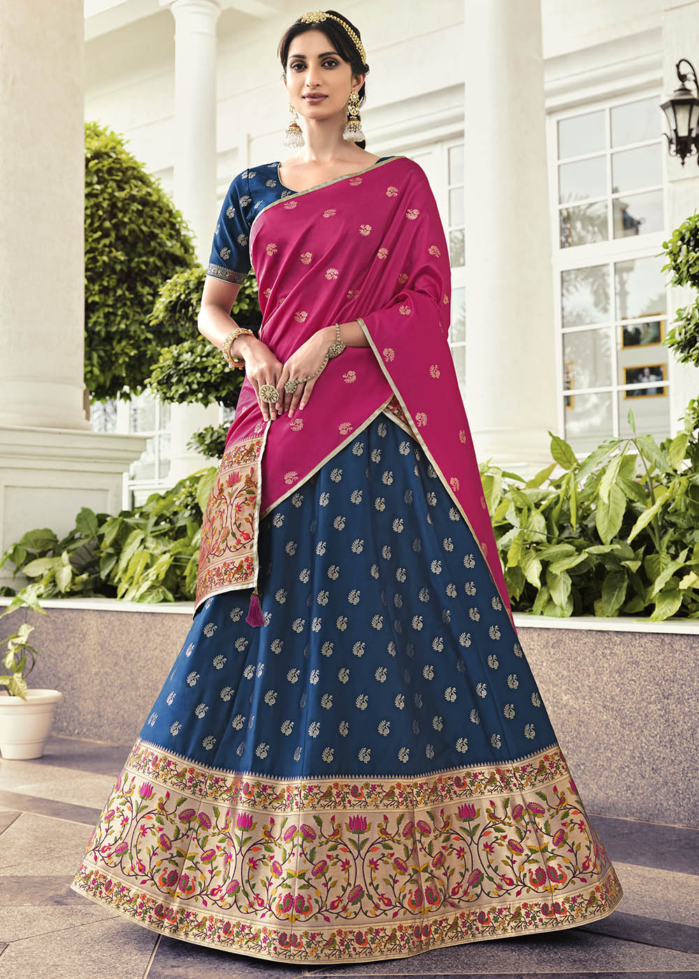 Buy MySilkLove Biscay Blue and Pink Banarasi Silk Lehenga Choli Online
