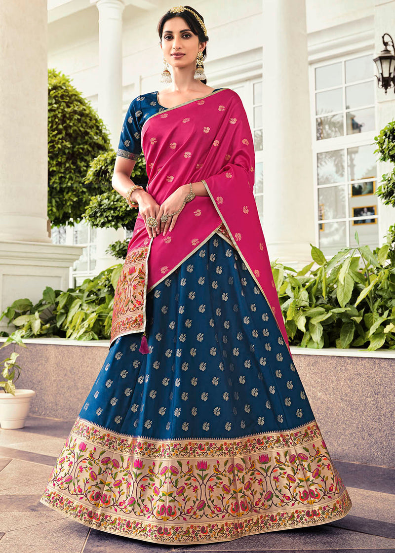 Buy Blue And Pink Zari Embroidered Wedding Lehenga Choli In USA, UK,  Canada, Australia, Newzeland online