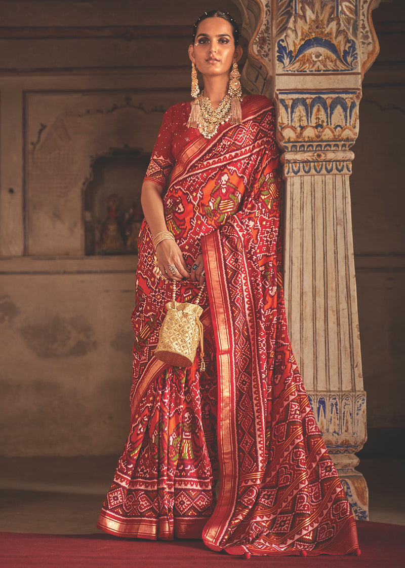 Mahogany Red and Orange Patola Silk Saree