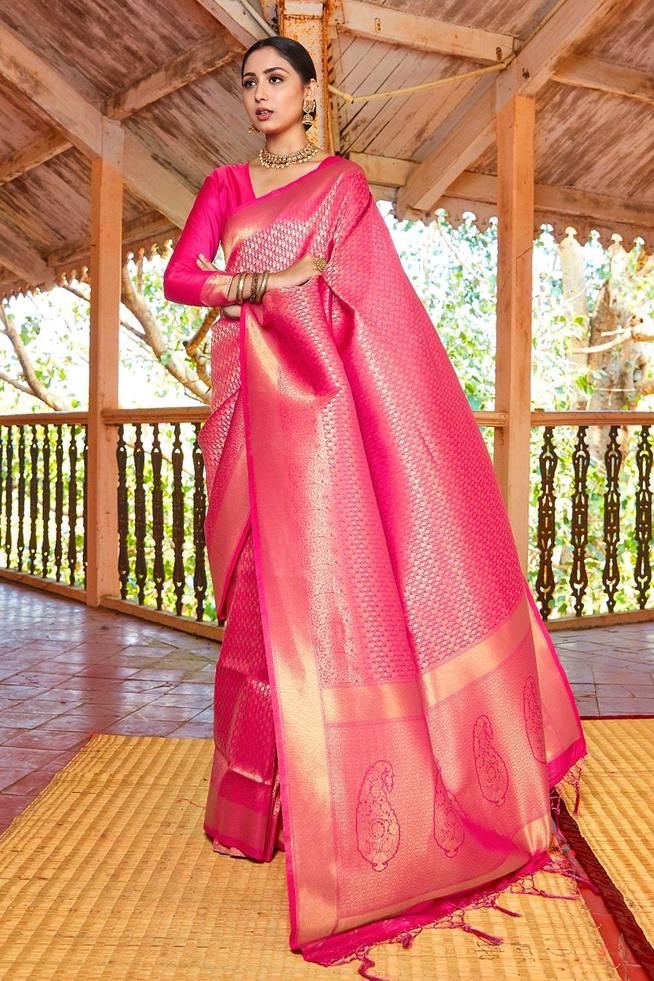 Buy MySilkLove Shiraz Pink Zari Woven Kanjivaram Silk Saree Online