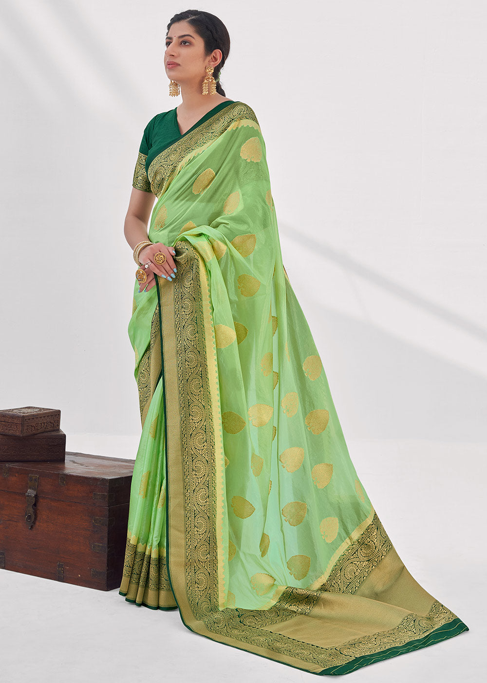 Buy MySilkLove Chelsea Green Zari Woven Organza Silk Saree Online