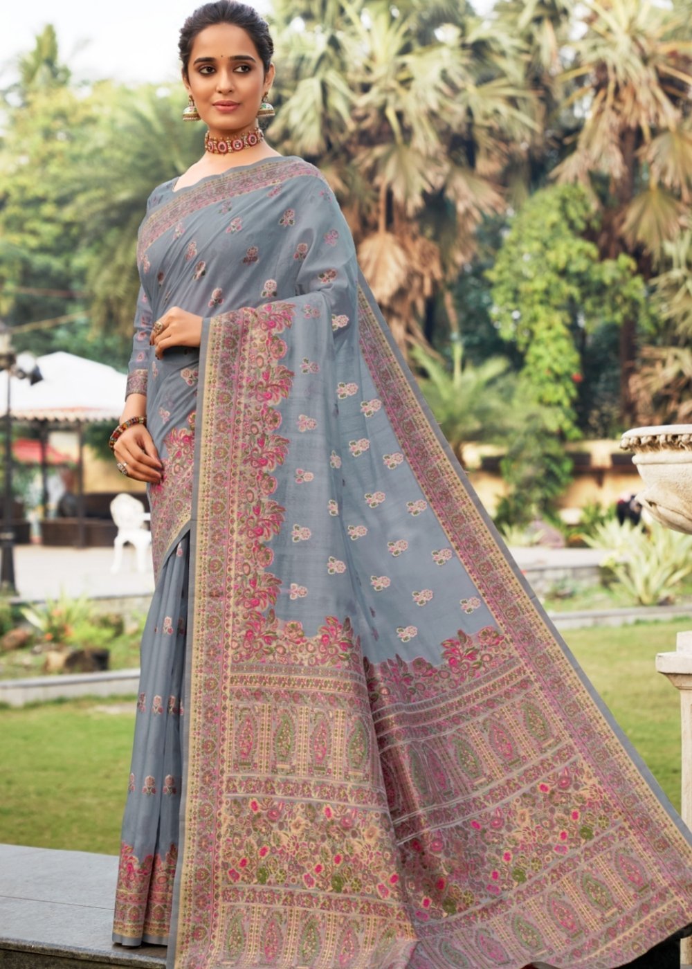 Buy MySilkLove Nevada Grey Kashmiri Weaving Cotton Saree Online