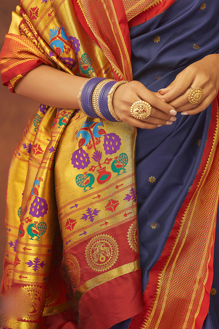 Buy MySilkLove Martinique Blue and Red Zari Woven Paithani Saree Online