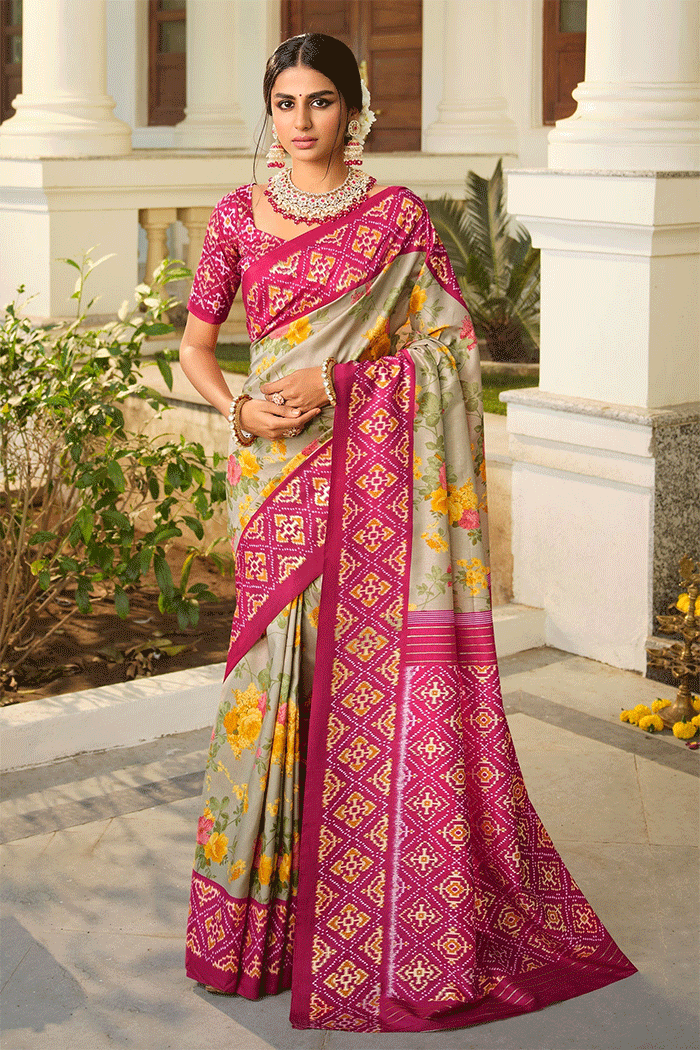 Buy MySilkLove Coral Grey and Pink Patola Silk Saree Online