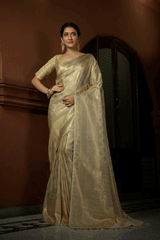 Indian Khaki Cream Zari Woven Kanjivaram Saree
