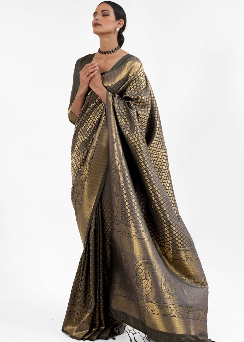 Kabul Greyish Black Zari Woven kanjivaram silk Saree