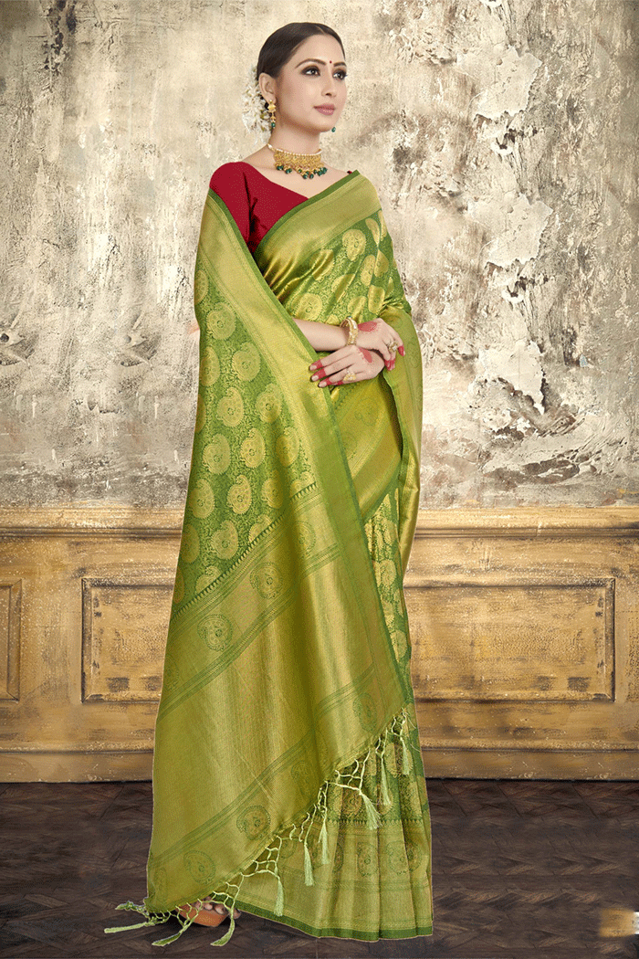 Buy MySilkLove Crete Green Zari Woven Kanjivaram Silk Saree Online