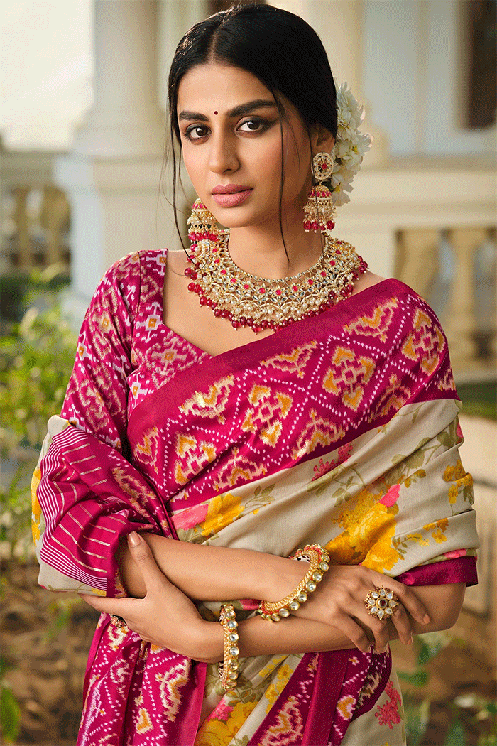 Buy MySilkLove Coral Grey and Pink Patola Silk Saree Online