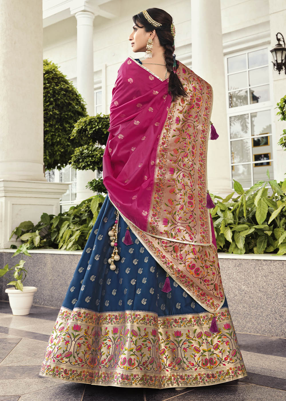 Buy MySilkLove Biscay Blue and Pink Banarasi Silk Lehenga Choli Online