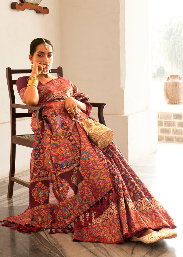 Dark Rose Maroon Woven Banarasi Jamewar Kashmiri Silk Saree