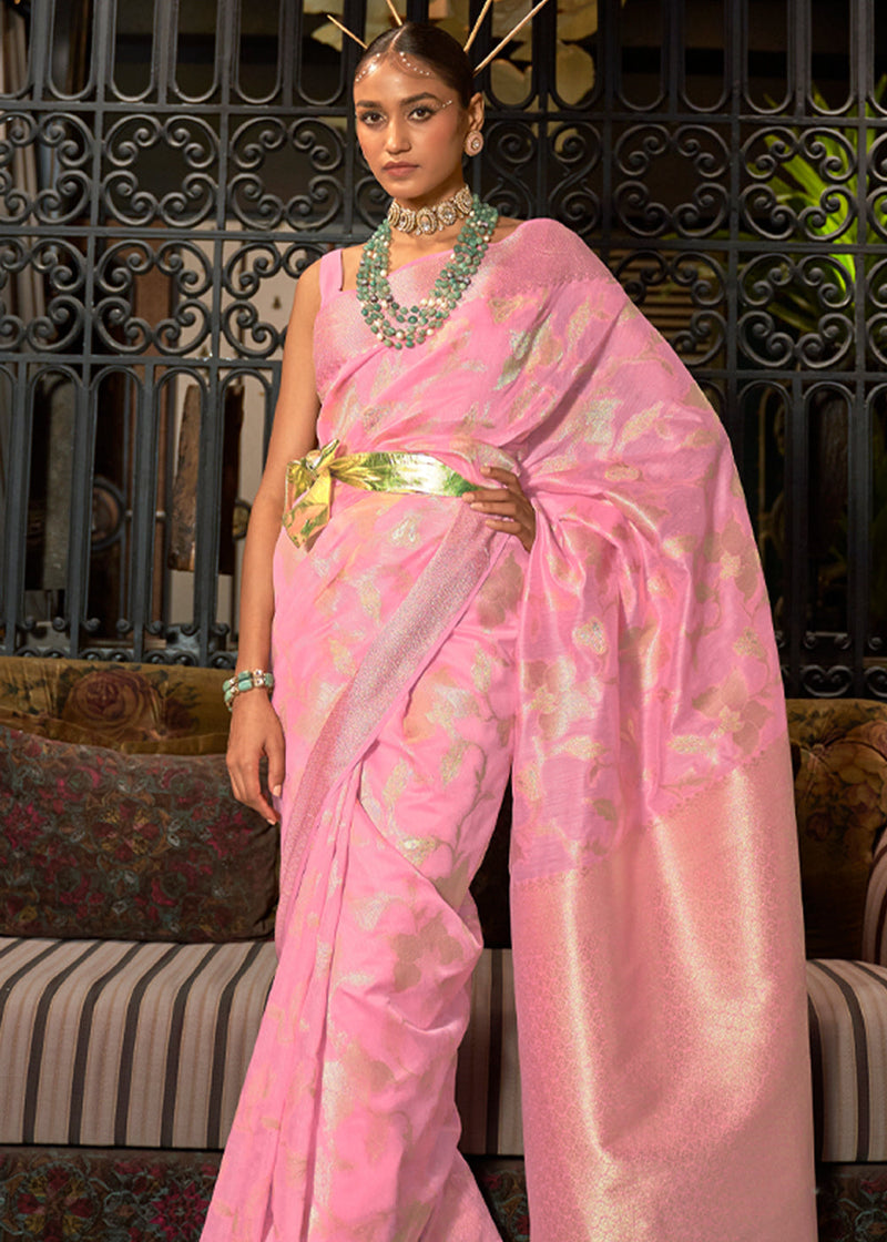 Bush Pink Zari Woven Banarasi Silk Saree