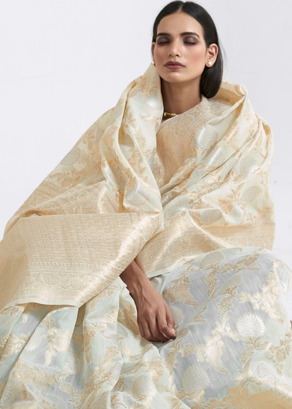 Coral Reef Golden Zari Woven Linen Saree