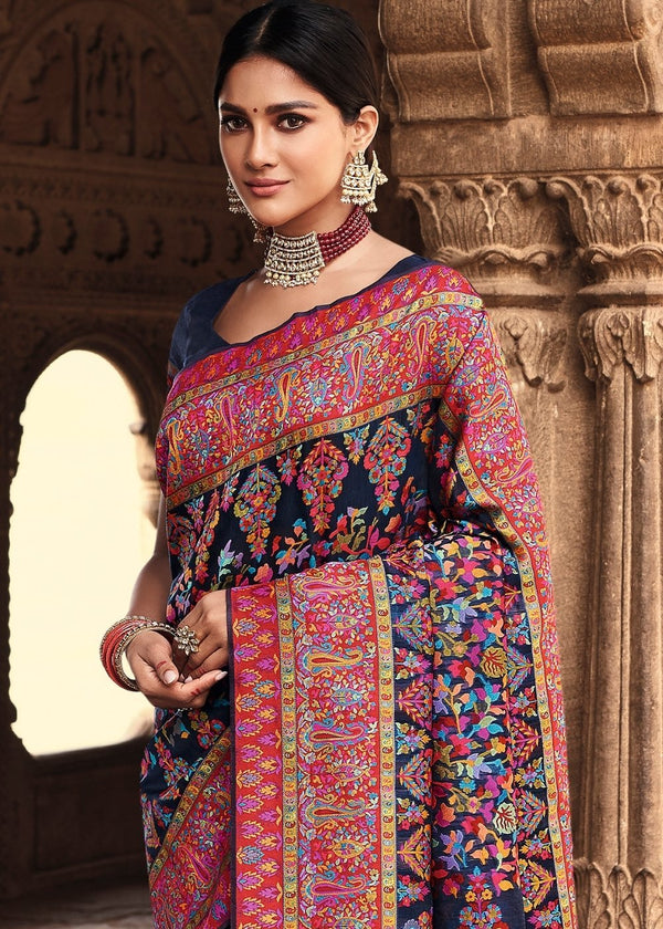 Ebony Clay Blue Jamawar Banarasi Saree
