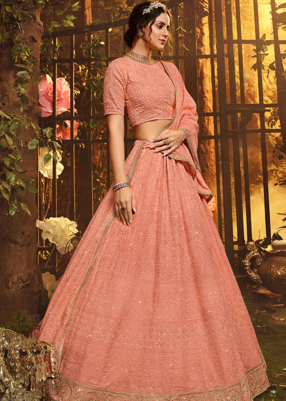 Buy MySilkLove Japonica Pink Georgette Lehenga Choli Online