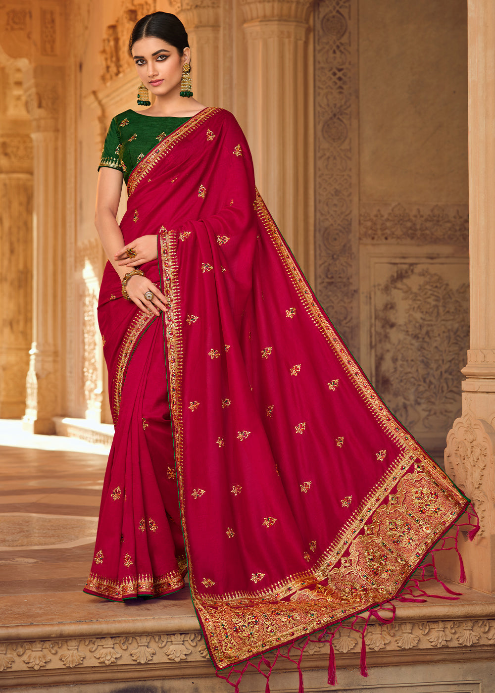 Buy MySilkLove Irish Red Woven Banarasi Saree with Embroidery Work Online