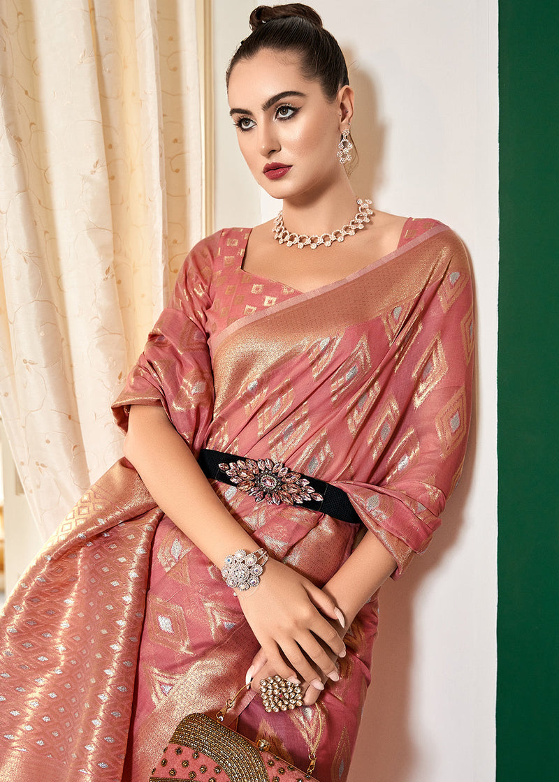 Wax Flower Pink Woven Banarasi Cotton Modal Silk Saree