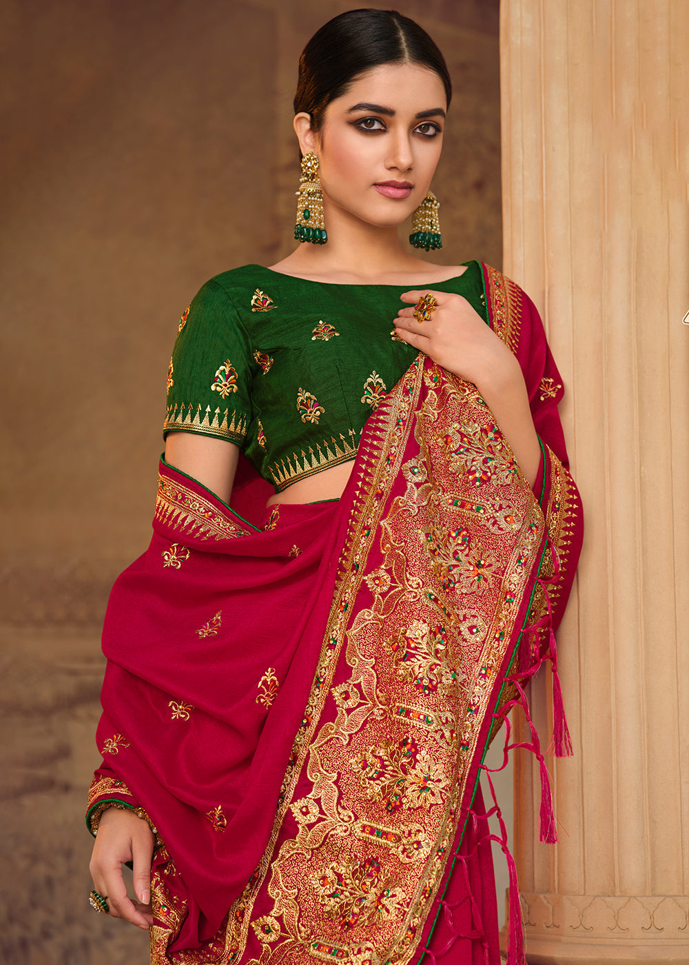 Buy MySilkLove Irish Red Woven Banarasi Saree with Embroidery Work Online