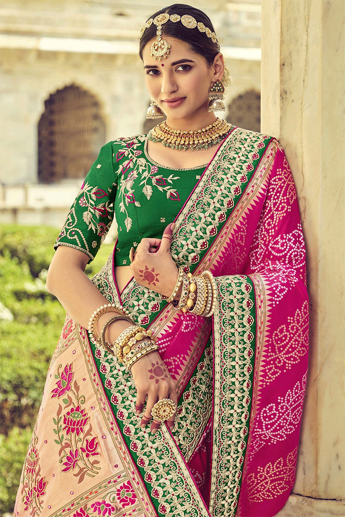 Buy MySilkLove Mystic Pink and Green Zari Woven Patola Saree with Designer Blouse Online