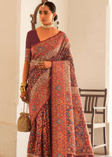 Dark Rose Maroon Woven Banarasi Jamewar Kashmiri Silk Saree