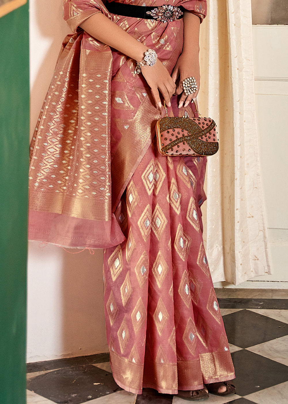 Buy MySilkLove Wax Flower Pink Woven Banarasi Cotton Modal Silk Saree Online