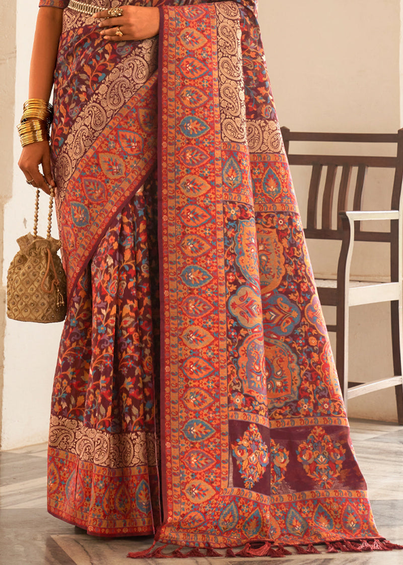 Dark Rose Maroon Woven Banarasi Jamewar Kashmiri Silk Saree