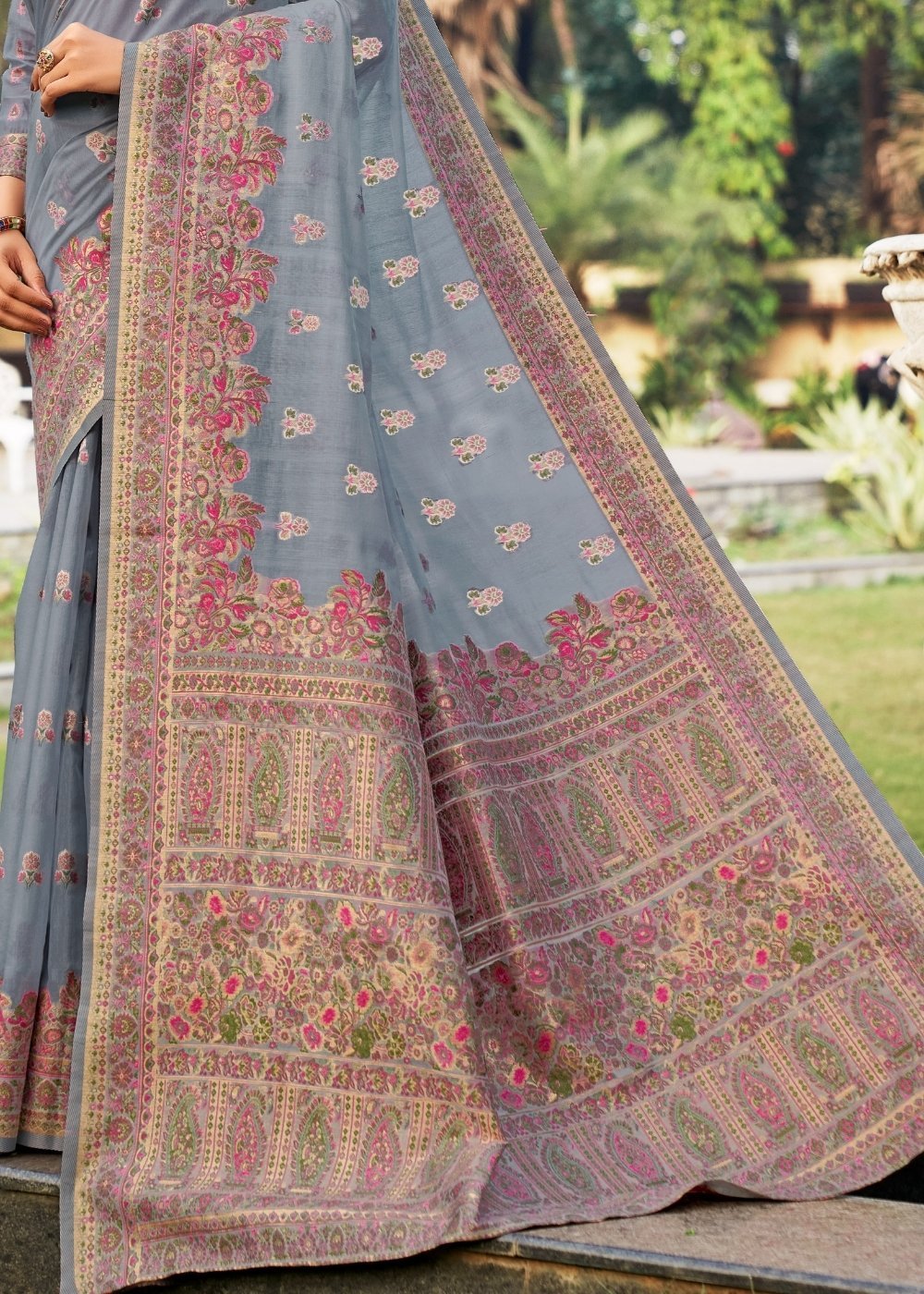 Buy MySilkLove Nevada Grey Kashmiri Weaving Cotton Saree Online