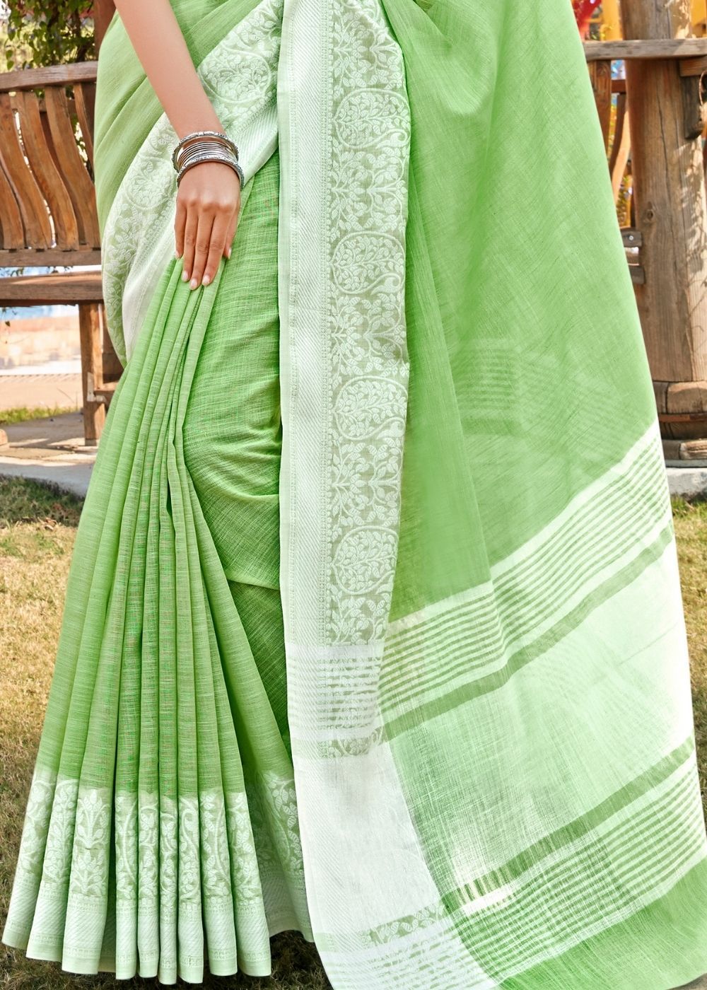 Buy MySilkLove Olivine Green Linen Saree Online