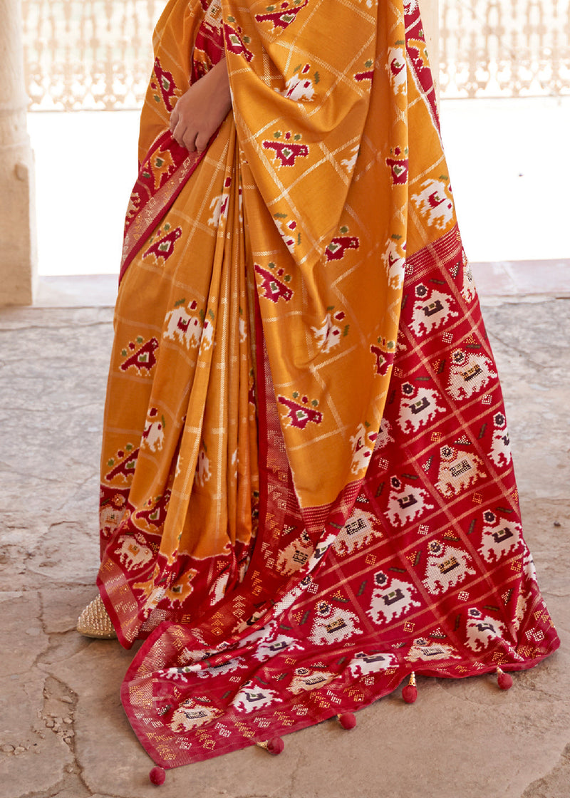 Golden Grass Yellow and Red Printed Patola Silk Saree