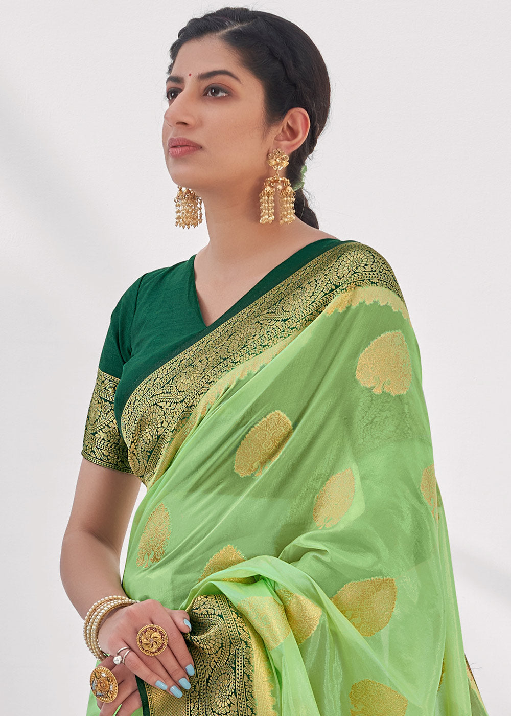 Buy MySilkLove Chelsea Green Zari Woven Organza Silk Saree Online