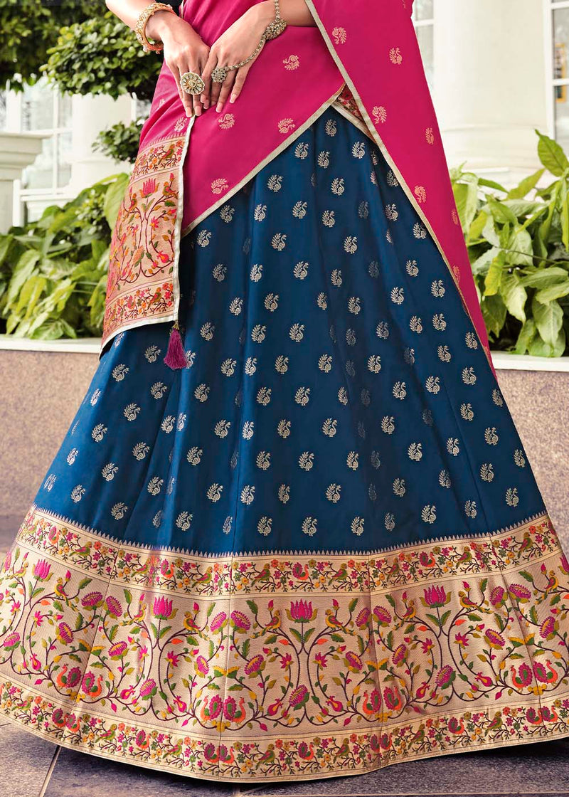 Divya Khosla In Peacock Blue Handloom Katan Silk Banarasi Lehenga –  WeaverStory