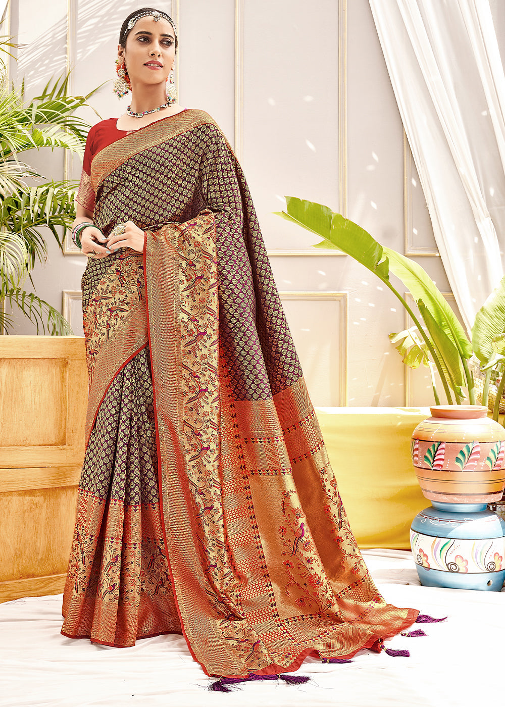 Buy MySilkLove Domino Brown and Red Zari Woven Banarasi Saree Online