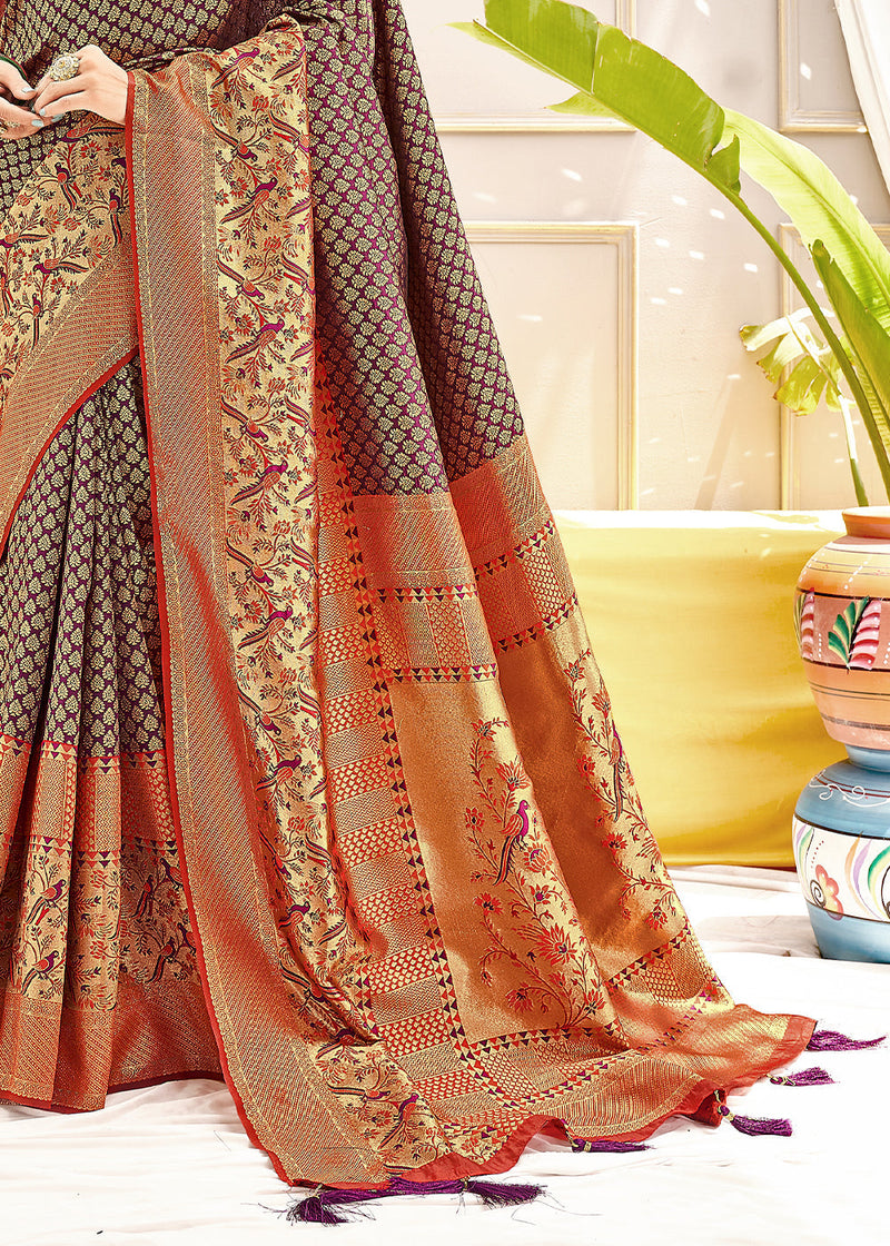 Domino Brown and Red Zari Woven Banarasi Saree