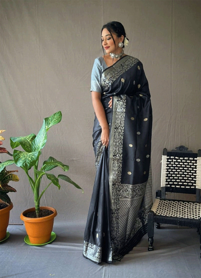 Buy MySilkLove River Bed Grey Zari Woven Banarasi Silk Saree Online